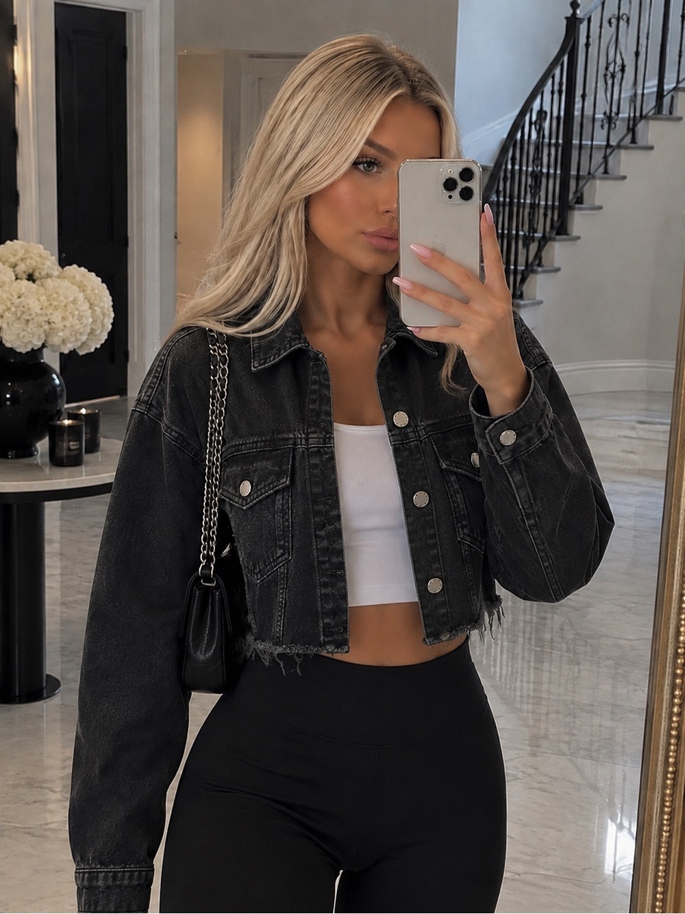 Topshop Black Acid Wash Cropped Denim Jacket Raw Hem | US 8 / UK 12
